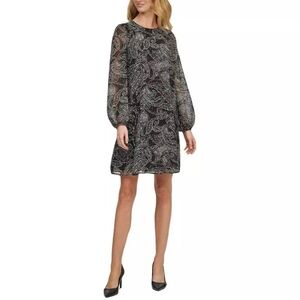 NWT CALVIN KLEIN Paisley Metallic Black Long Sleeve Chiffon Dress Sz 2